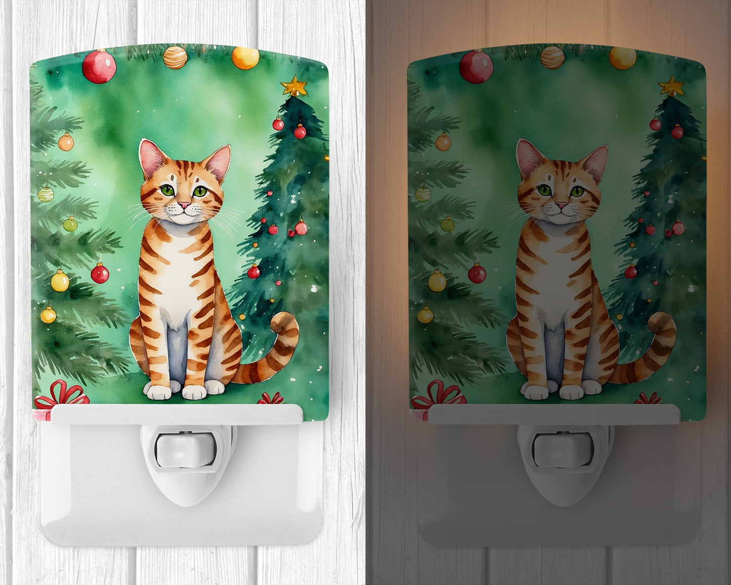 Safari Cat By the Christmas Tree Ceramic Night Light-1
