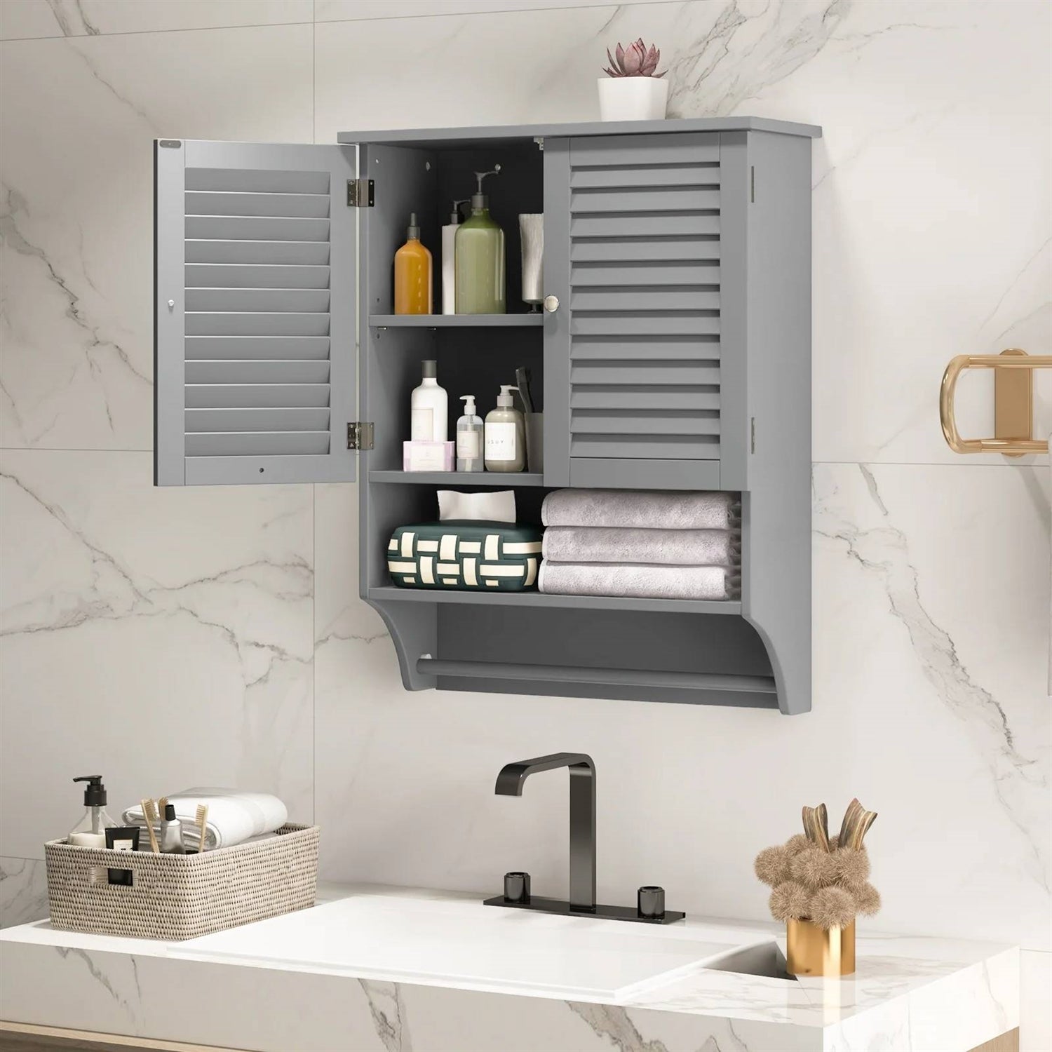 Grey Wall-Mounted Bathroom Medicine Cabinet with Louver Doors and Towel Bar-1