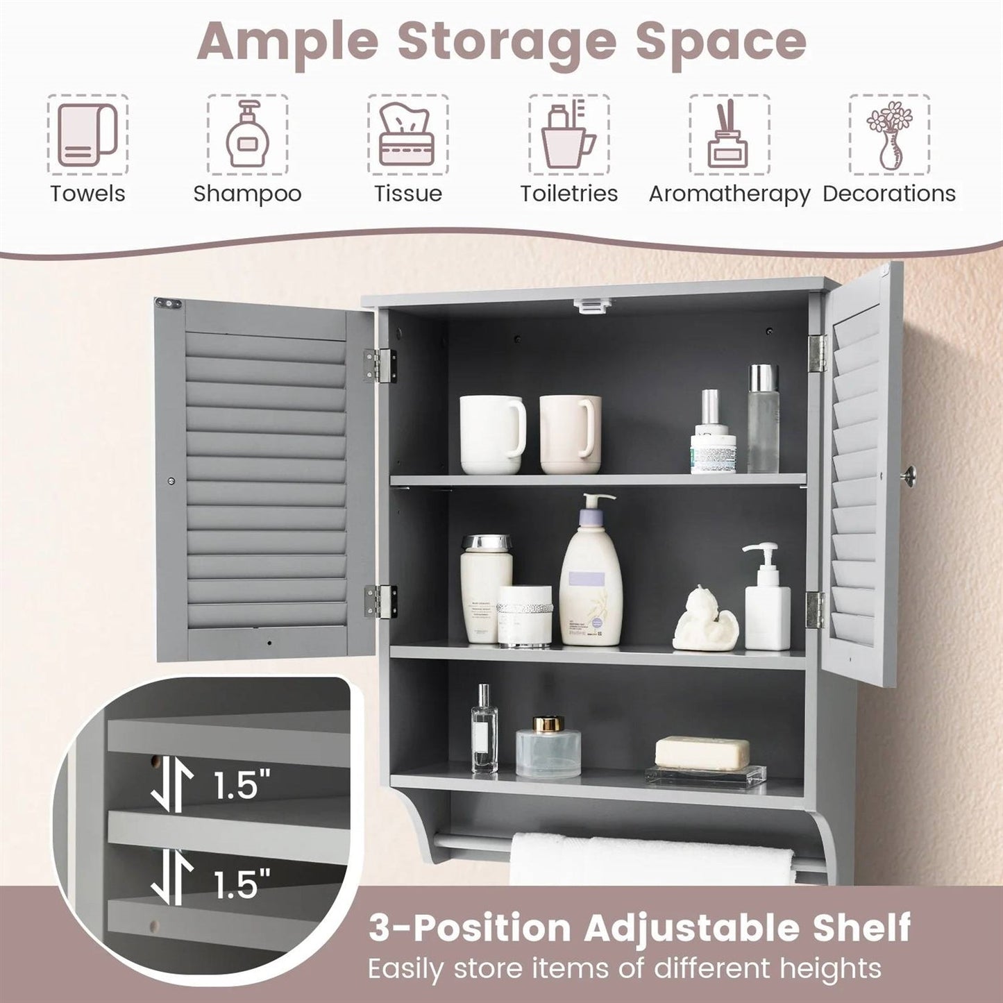 Grey Wall-Mounted Bathroom Medicine Cabinet with Louver Doors and Towel Bar-3