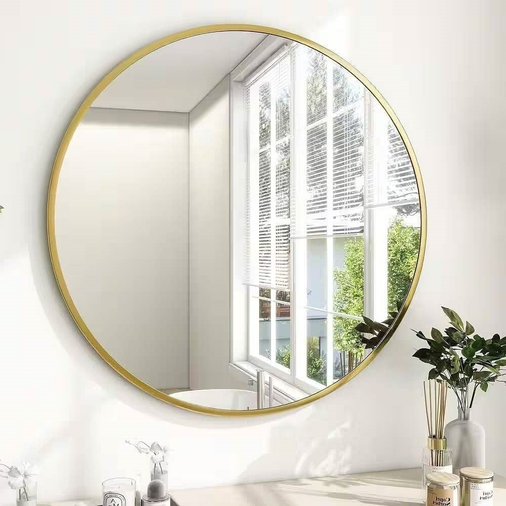 Round 24-inch Circular Bathroom Wall Mirror with Gold Frame-2