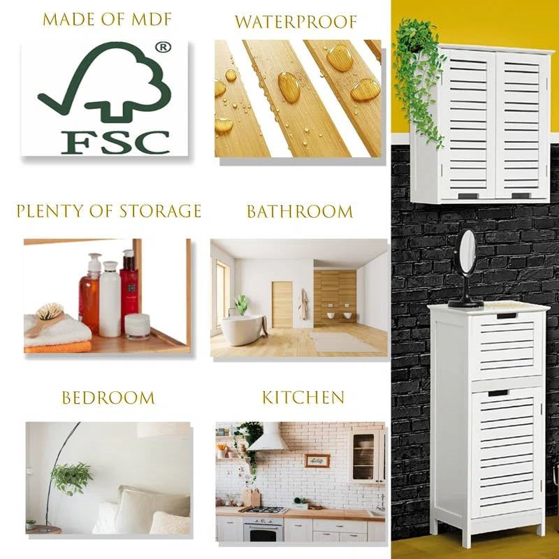 Wall-Mount Bathroom Storage Cabinet with Louver Doors in White Wood Finish-2