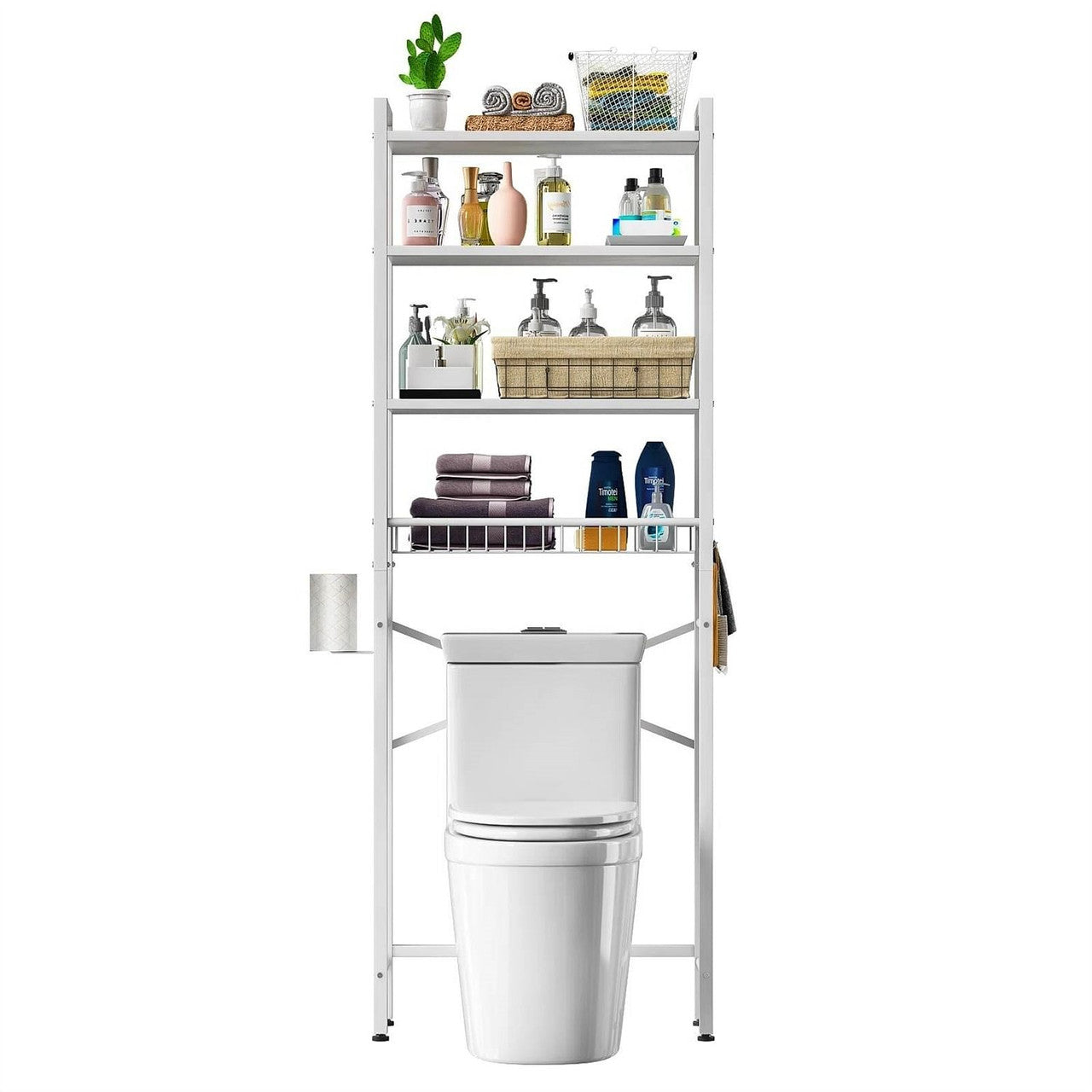 White Over the Toilet Storage Freestanding Industrial Metal Wood Shelving Unit-1