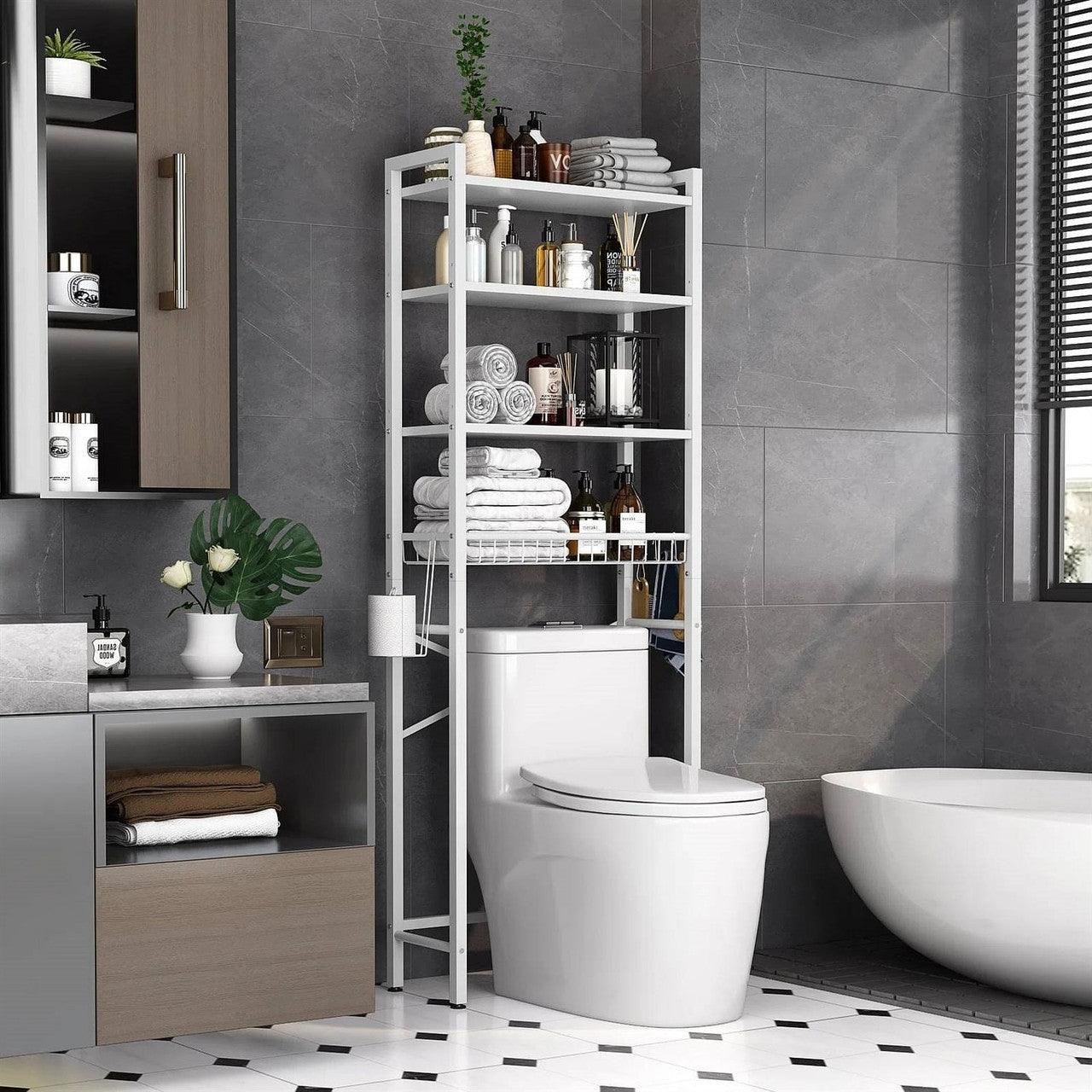 White Over the Toilet Storage Freestanding Industrial Metal Wood Shelving Unit-2