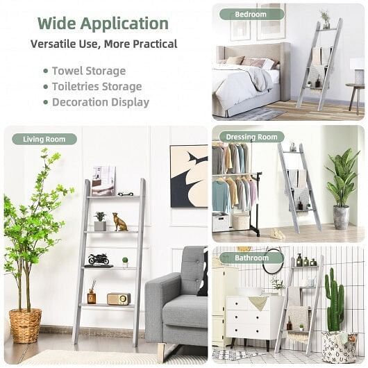 4-Tier Wall Leaning Ladder Shelf Stand-Gray-3