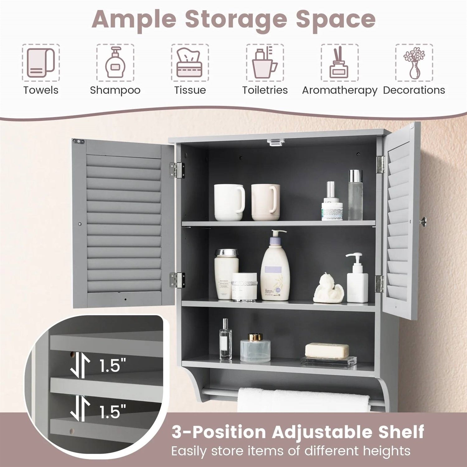 Grey Wall-Mounted Bathroom Medicine Cabinet with Louver Doors and Towel Bar-3