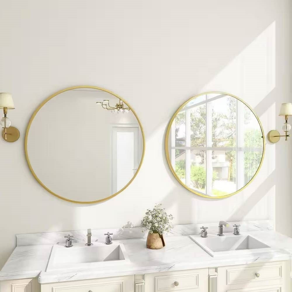 Round 24-inch Circular Bathroom Wall Mirror with Gold Frame-0