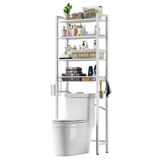 White Over the Toilet Storage Freestanding Industrial Metal Wood Shelving Unit-0